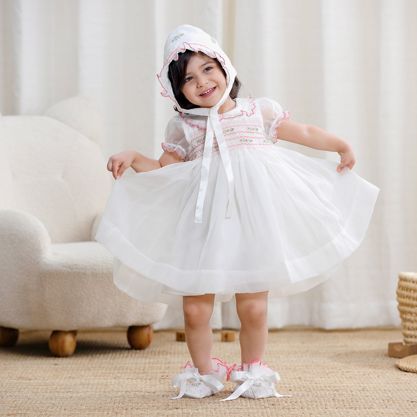 Girls Smocked Dress Set With Cap and Shoes