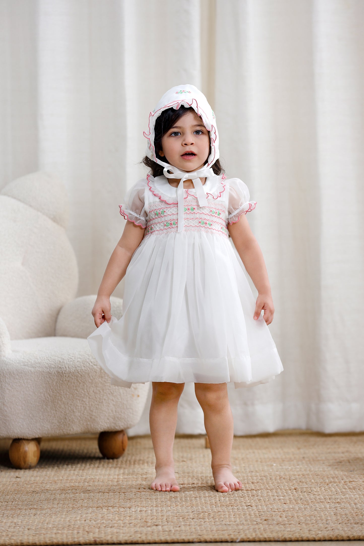 Girls Smocked Dress Set With Cap and Shoes