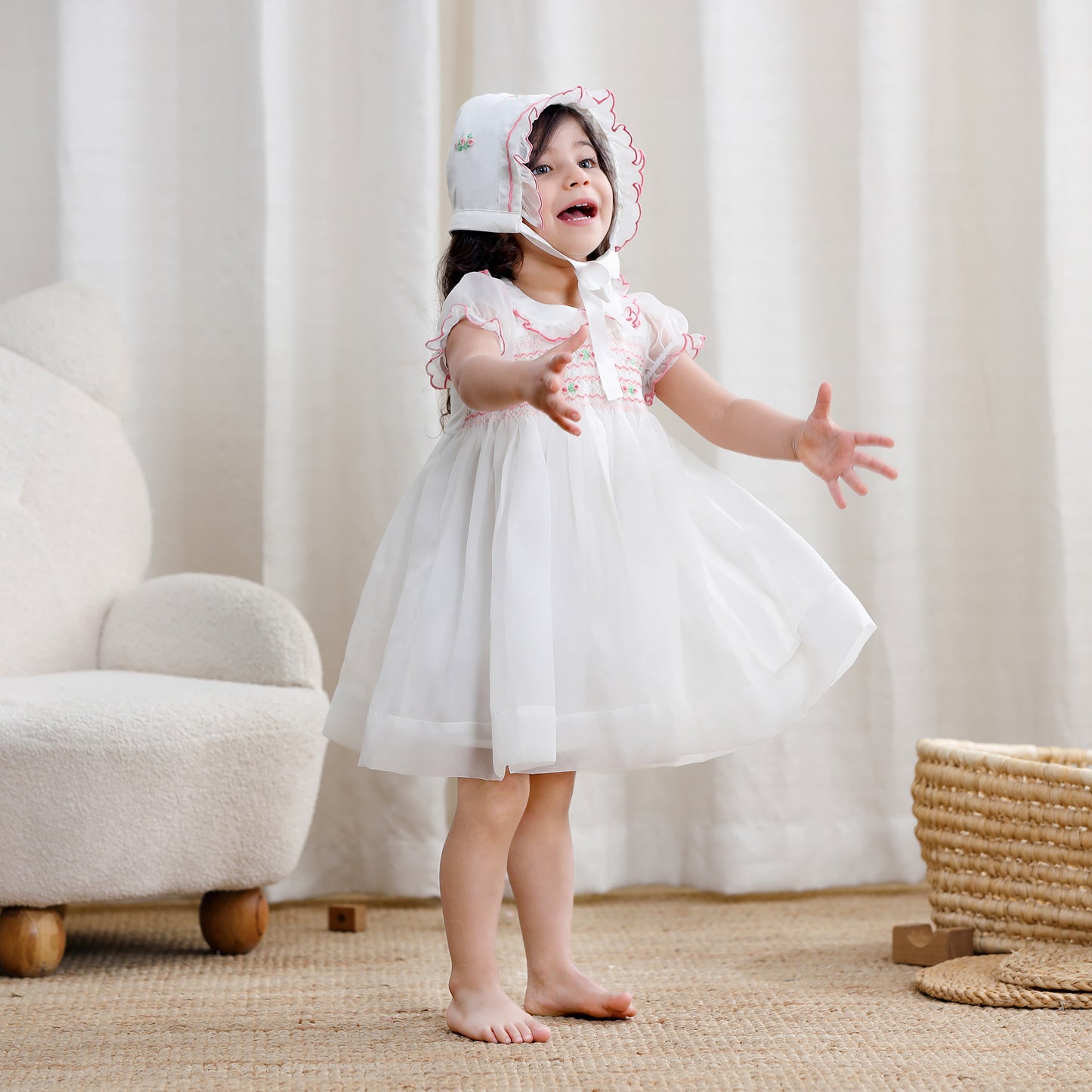 Girls Smocked Dress Set With Cap and Shoes