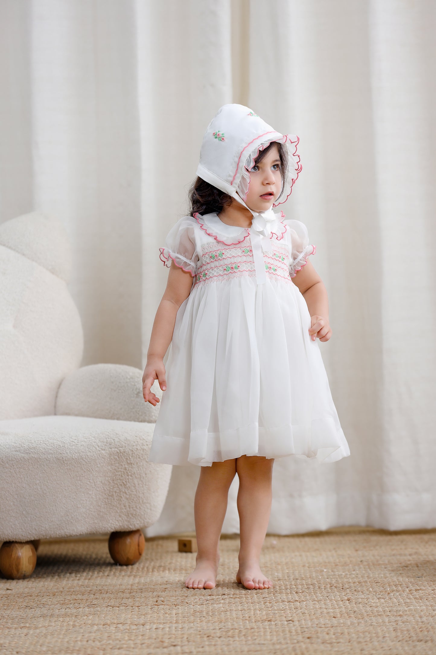 Girls Smocked Dress Set With Cap and Shoes