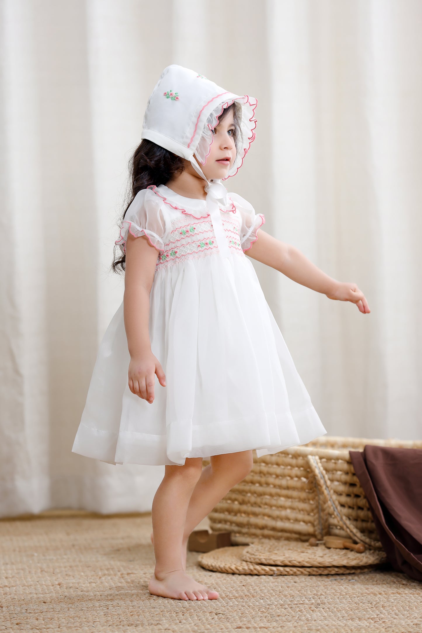 Girls Smocked Dress Set With Cap and Shoes