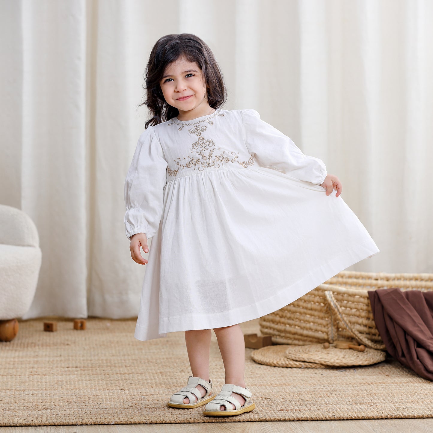 Girls Long Sleeve Dress-White