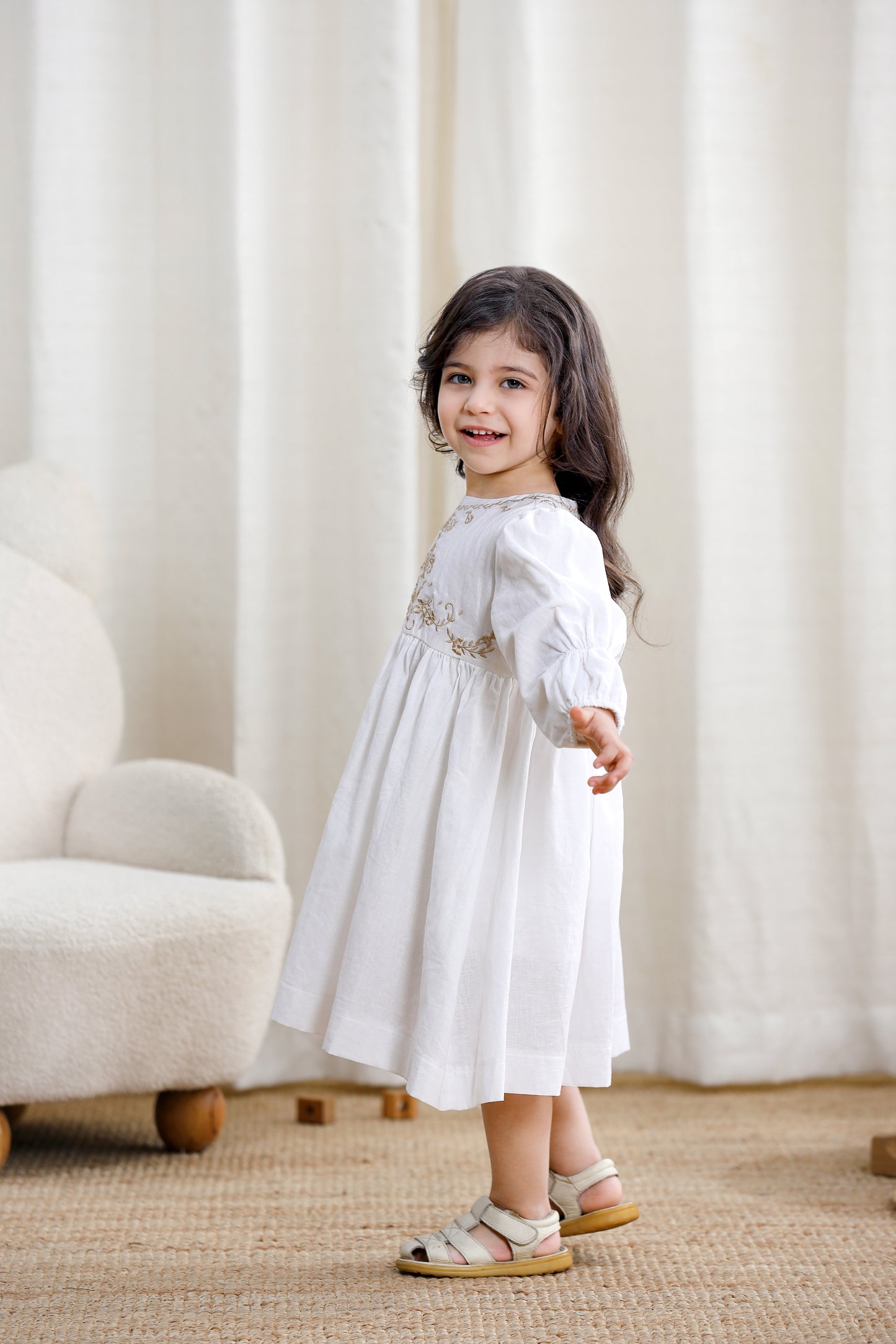 Girls Long Sleeve Dress-White