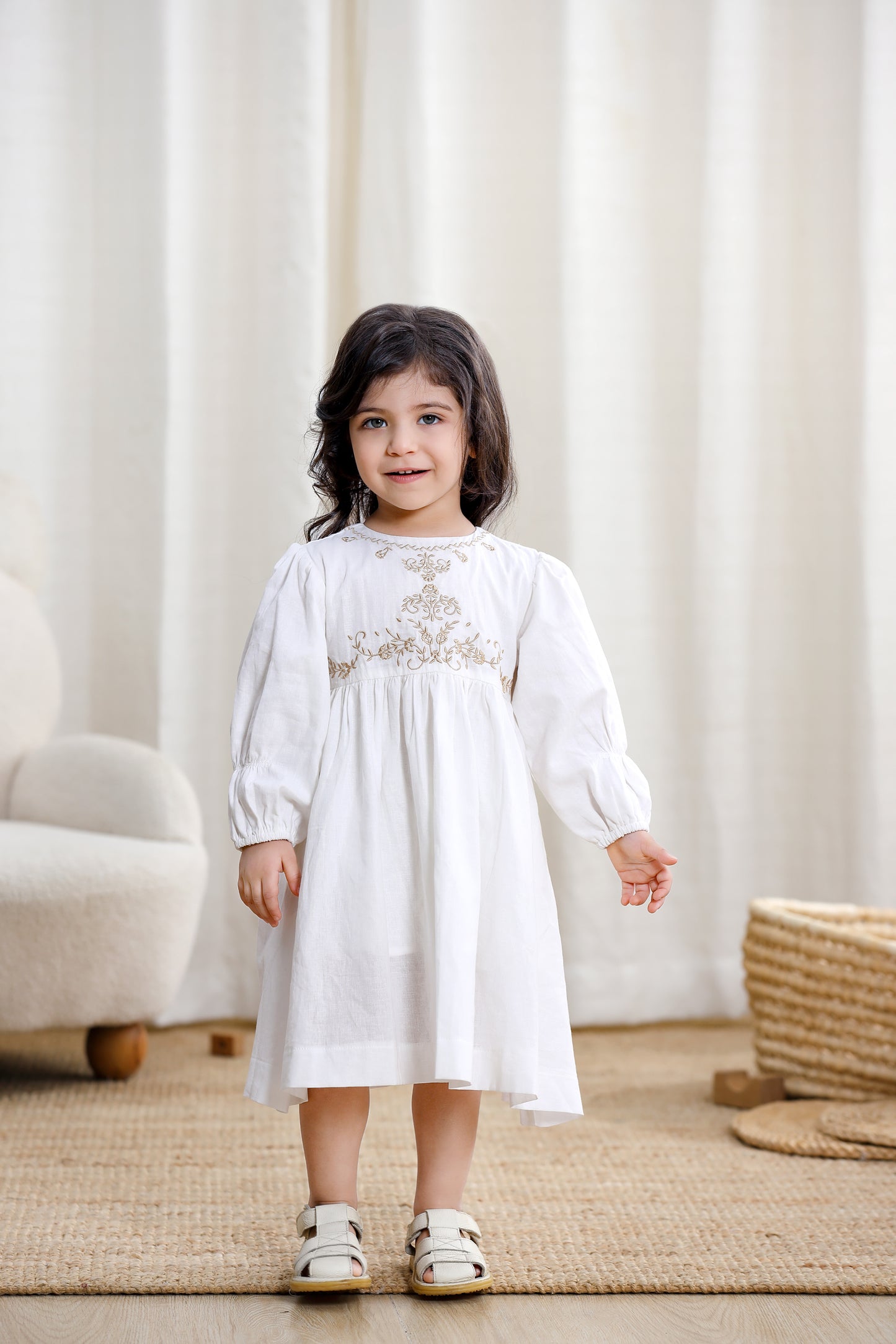Girls Long Sleeve Dress-White