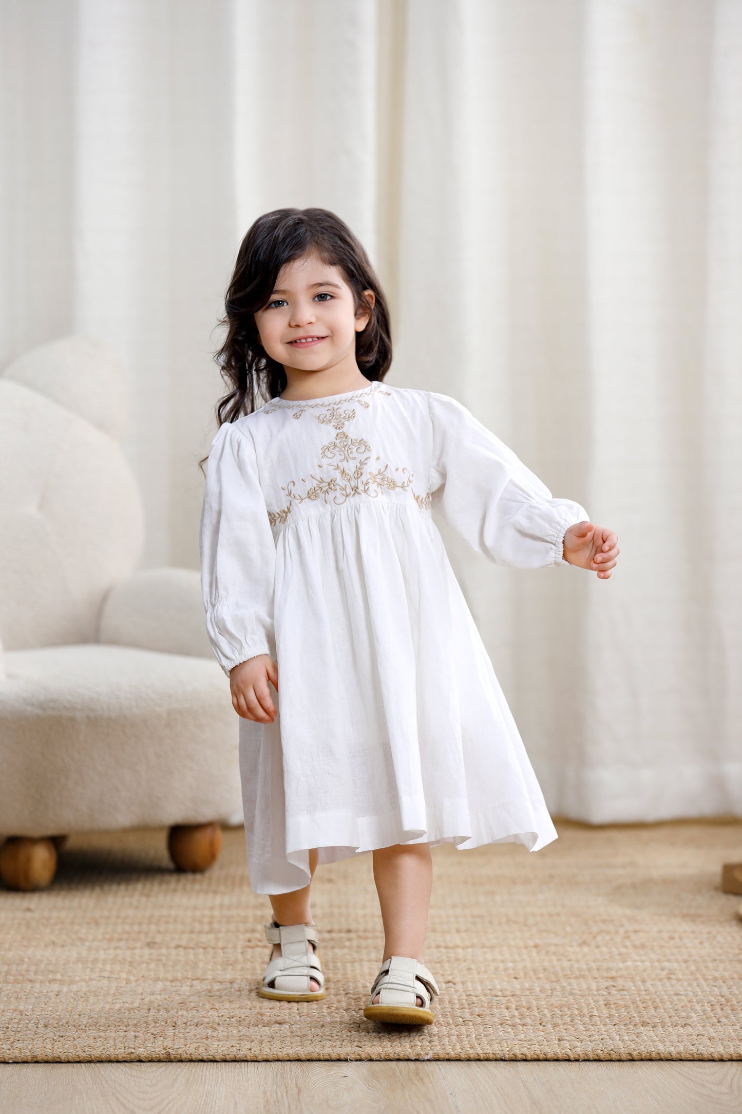 Girls Long Sleeve Dress-White