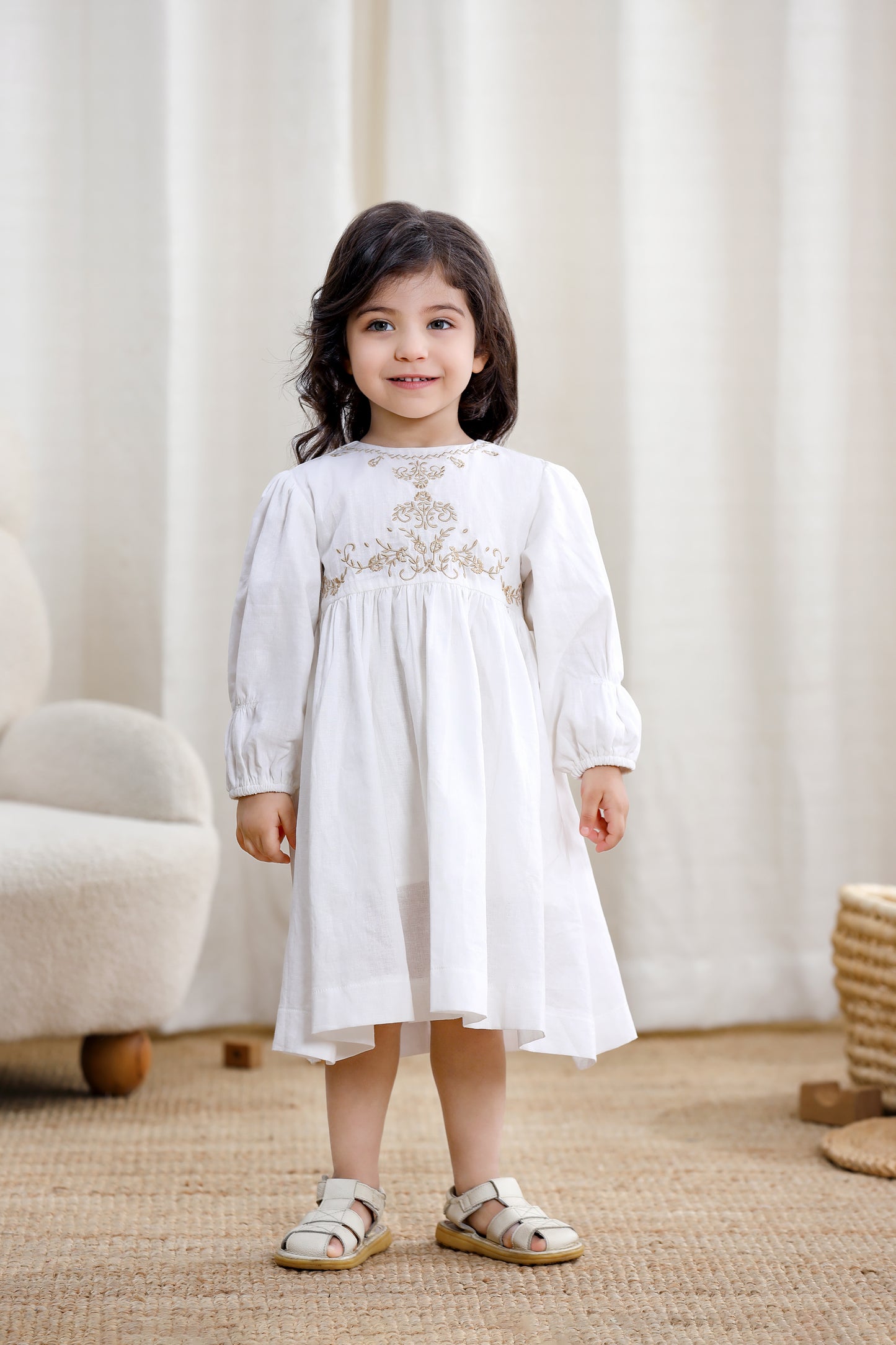 Girls Long Sleeve Dress-White