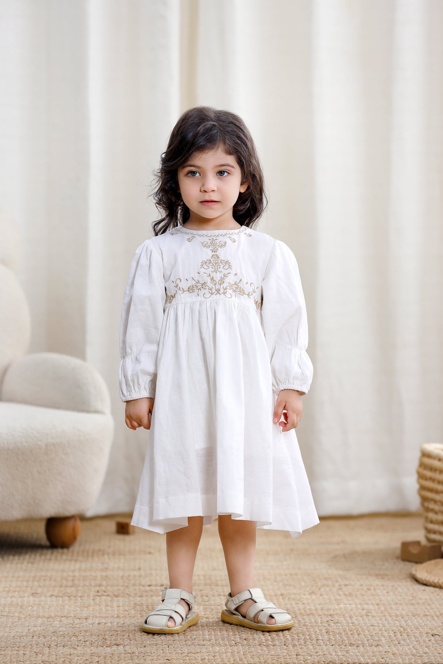Girls Long Sleeve Dress-White