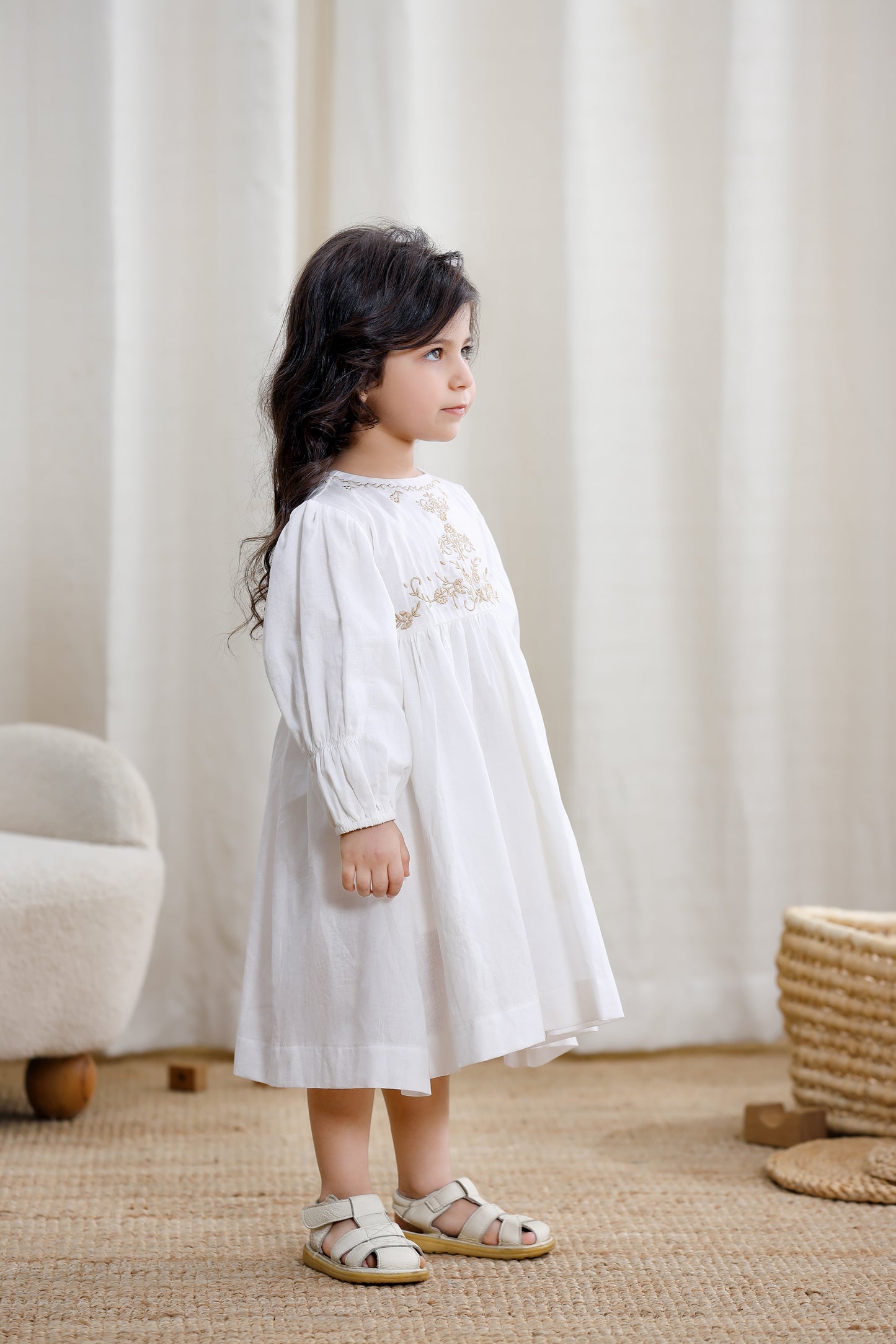 Girls Long Sleeve Dress-White