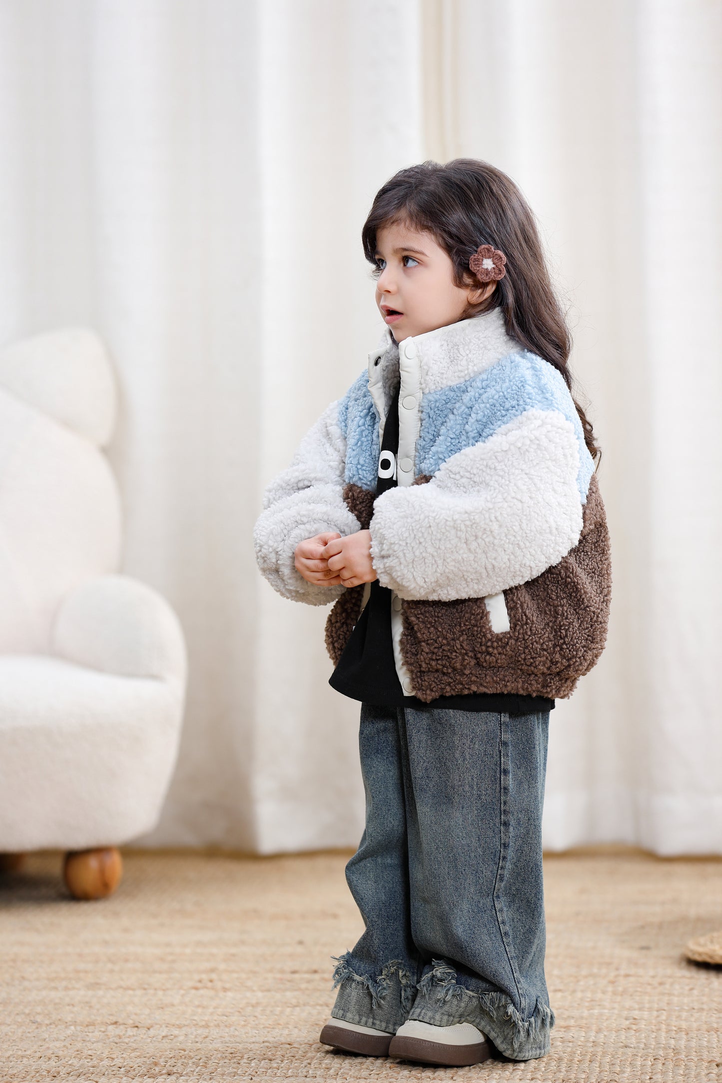 Color Block Sherpa Fleece Zipper Kids Jacket