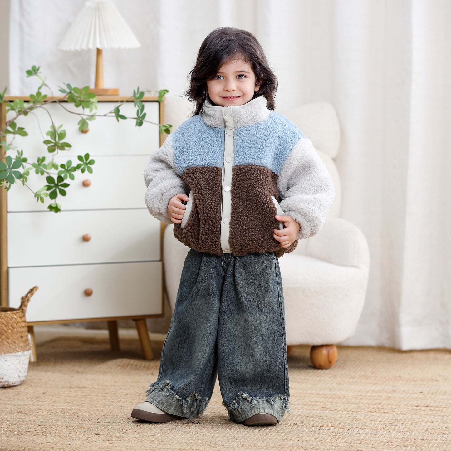 Color Block Sherpa Fleece Zipper Kids Jacket