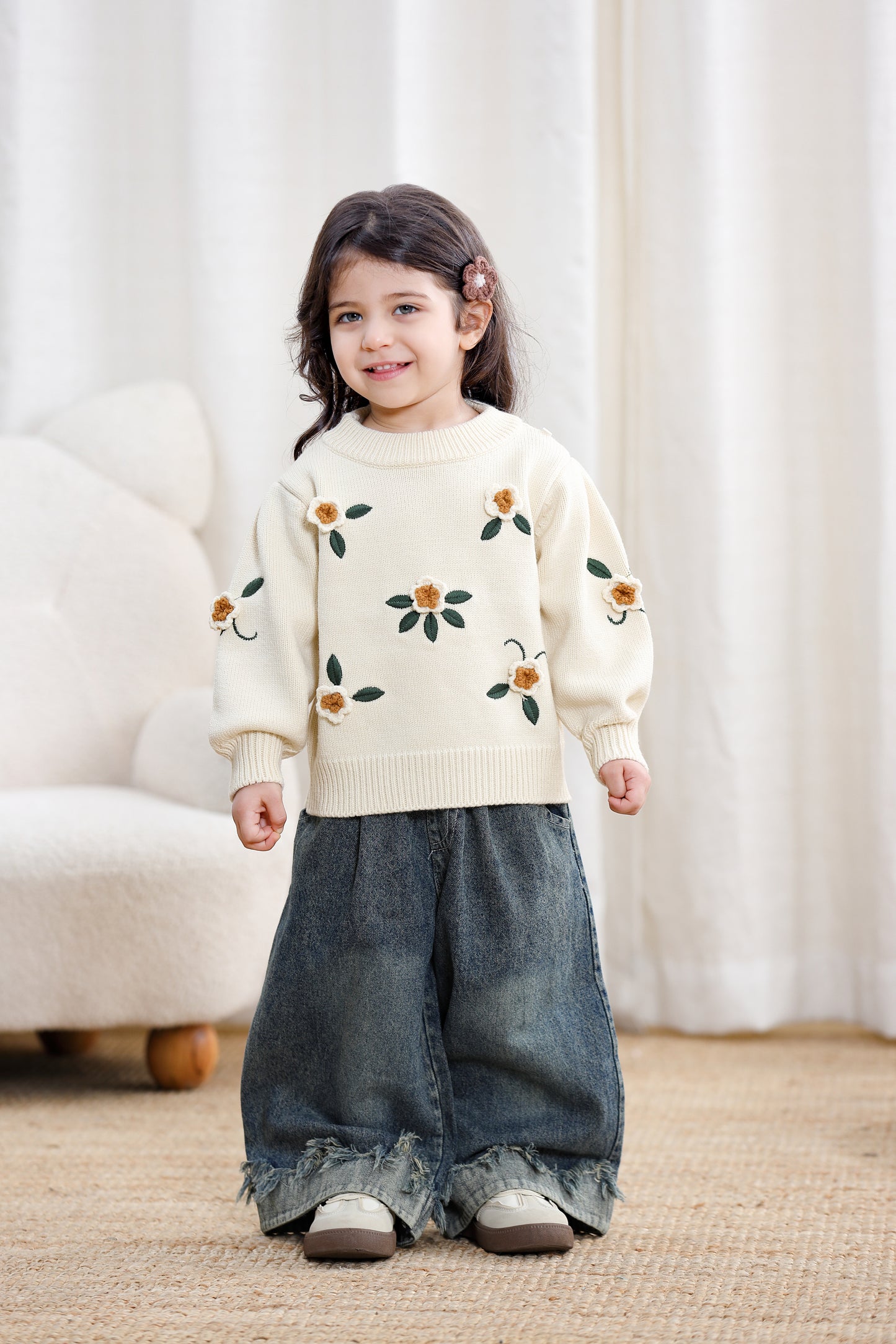 Children Girl Boutique 3D Embroidery Flower Sweater