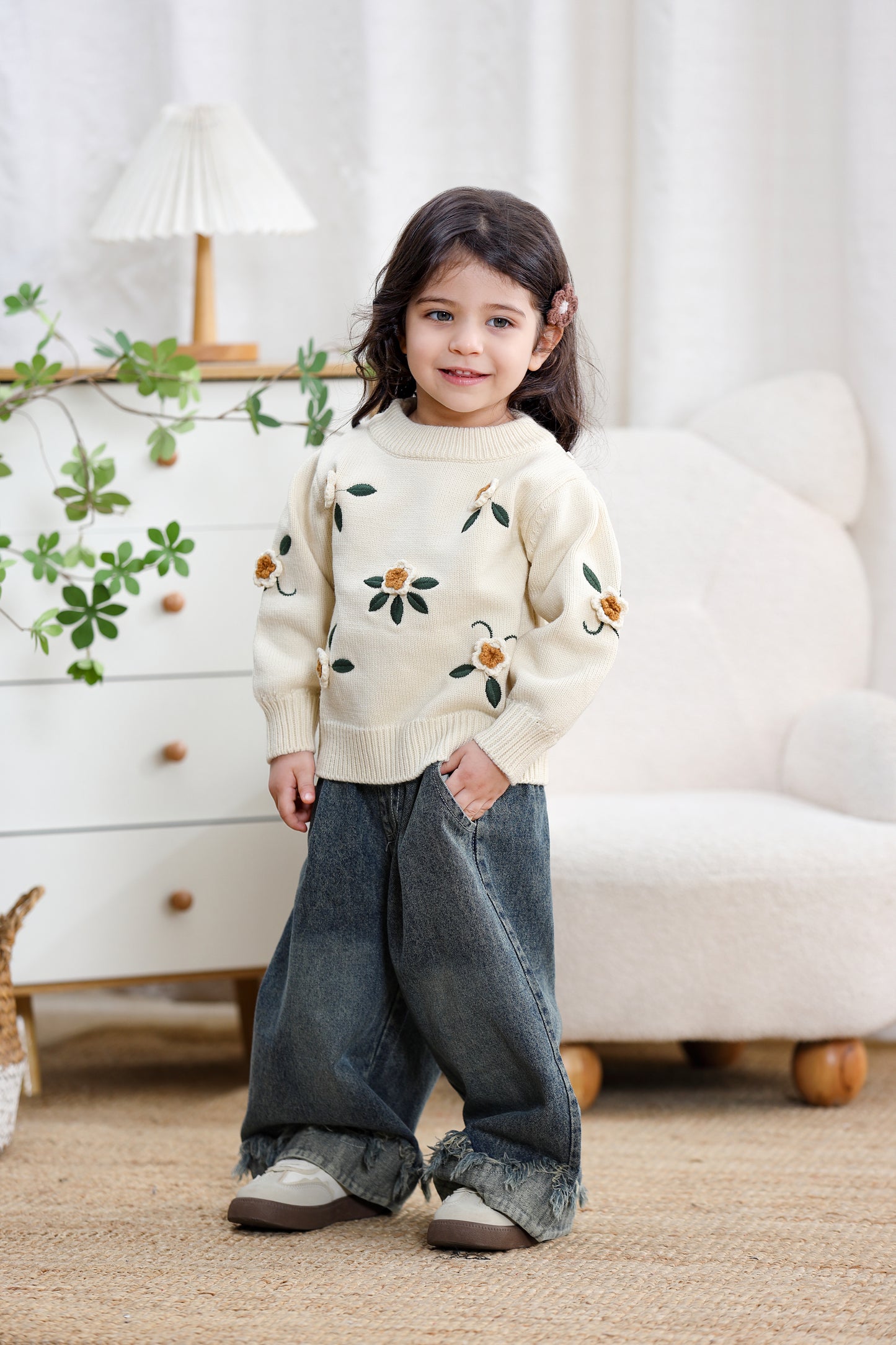 Children Girl Boutique 3D Embroidery Flower Sweater