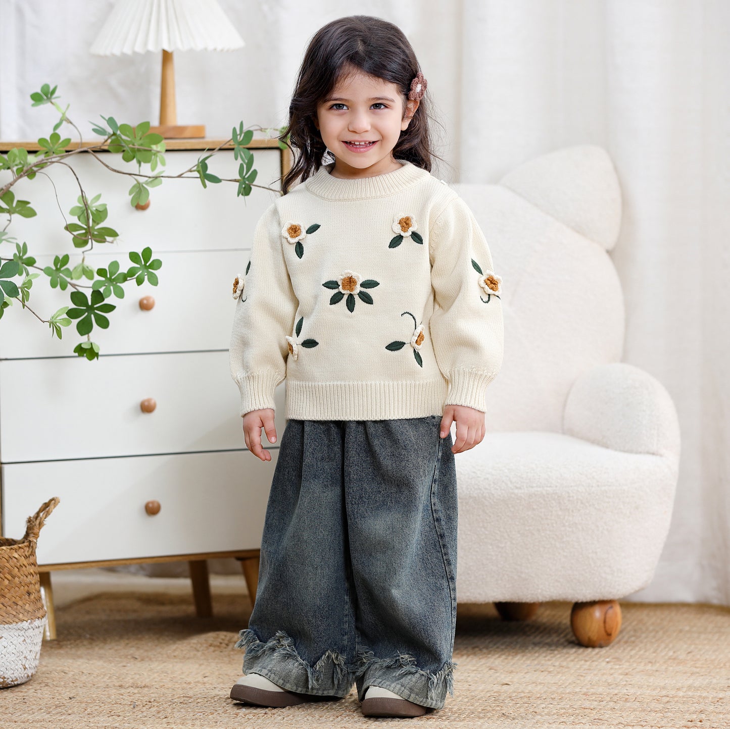 Children Girl Boutique 3D Embroidery Flower Sweater