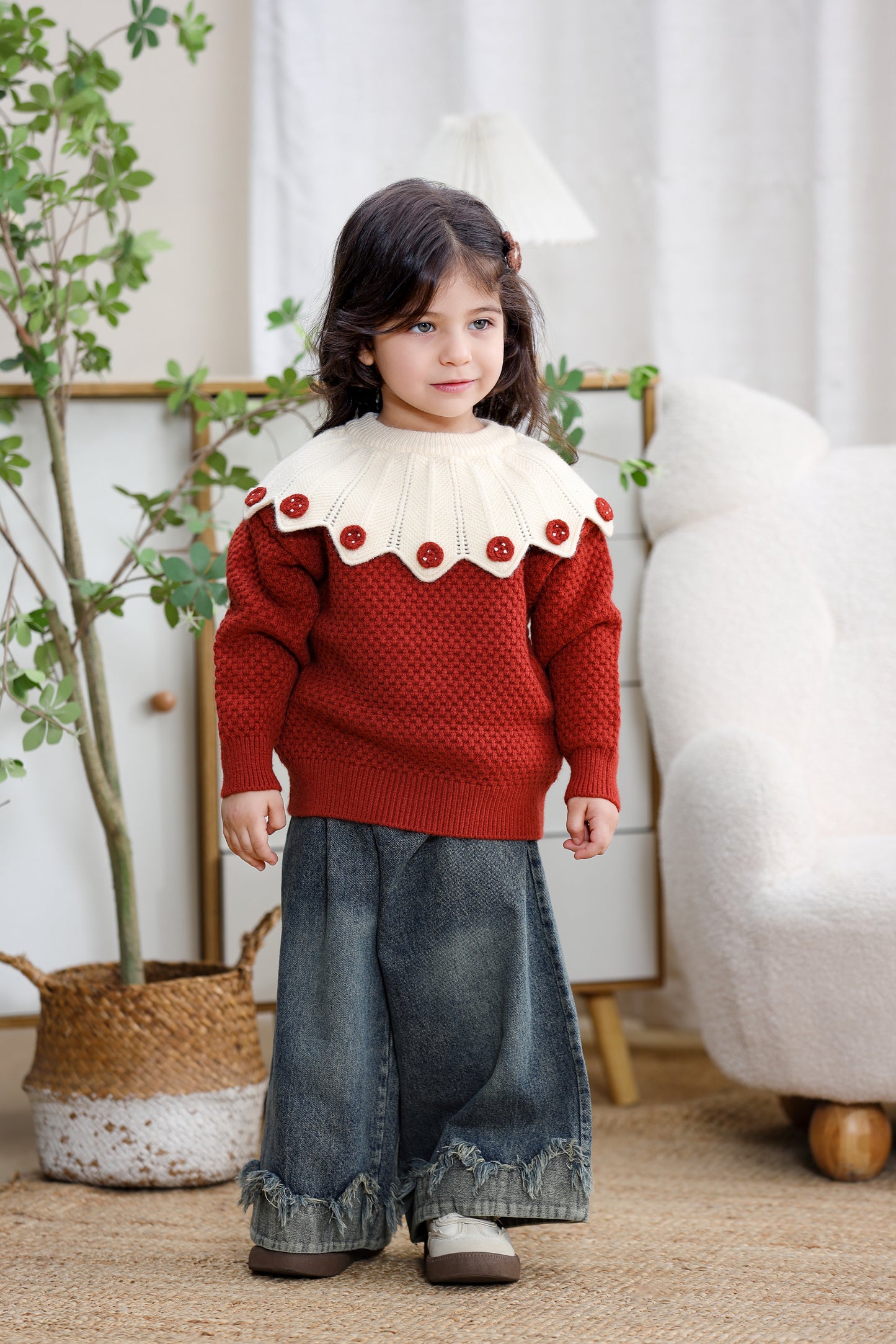 Girls Contrast Collar Knit Sweater