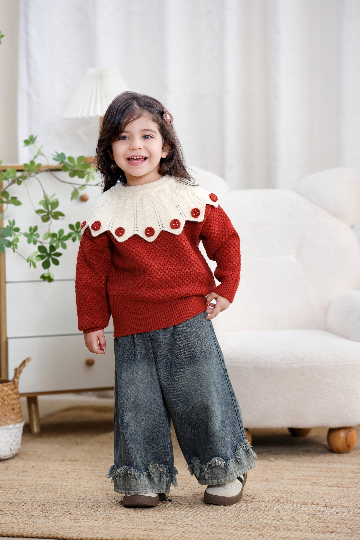 Girls Contrast Collar Knit Sweater