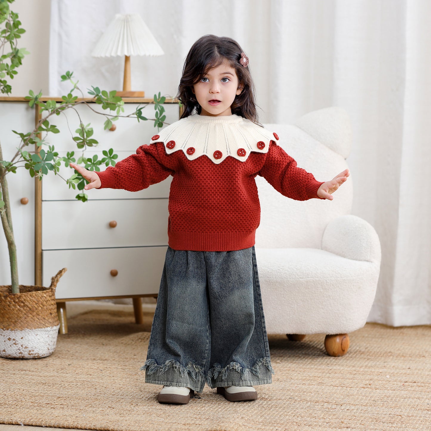 Girls Contrast Collar Knit Sweater