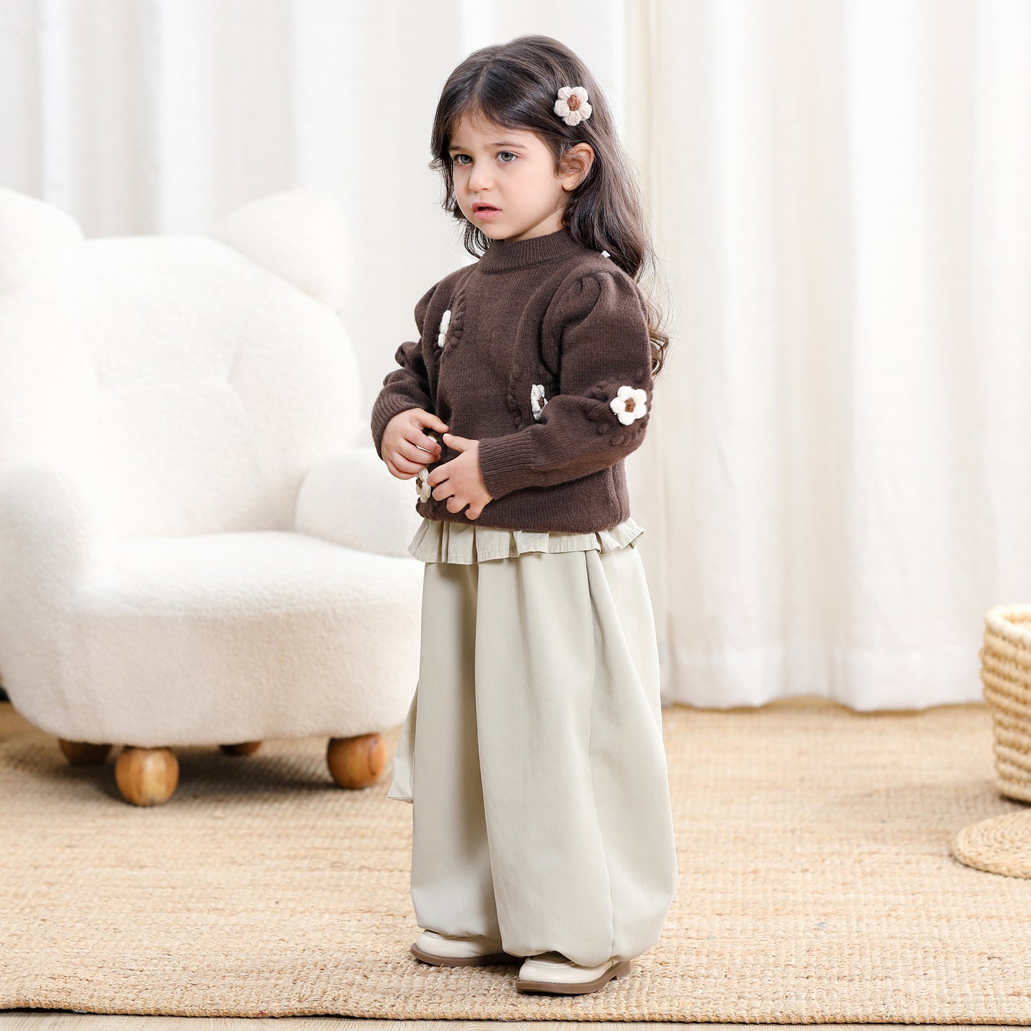 Children Girl 3D Embroidery Flower Sweater-Brown