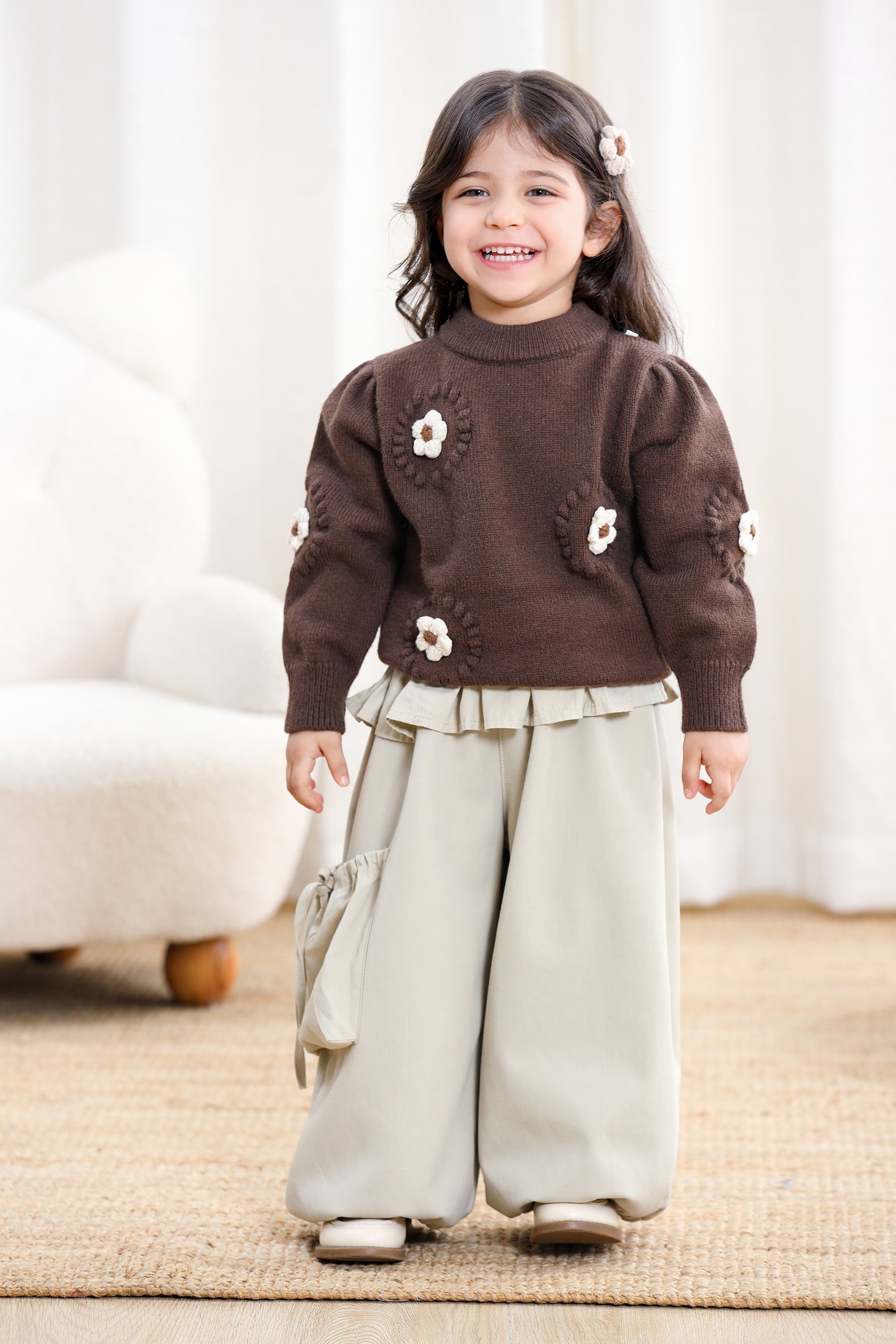 Children Girl 3D Embroidery Flower Sweater-Brown
