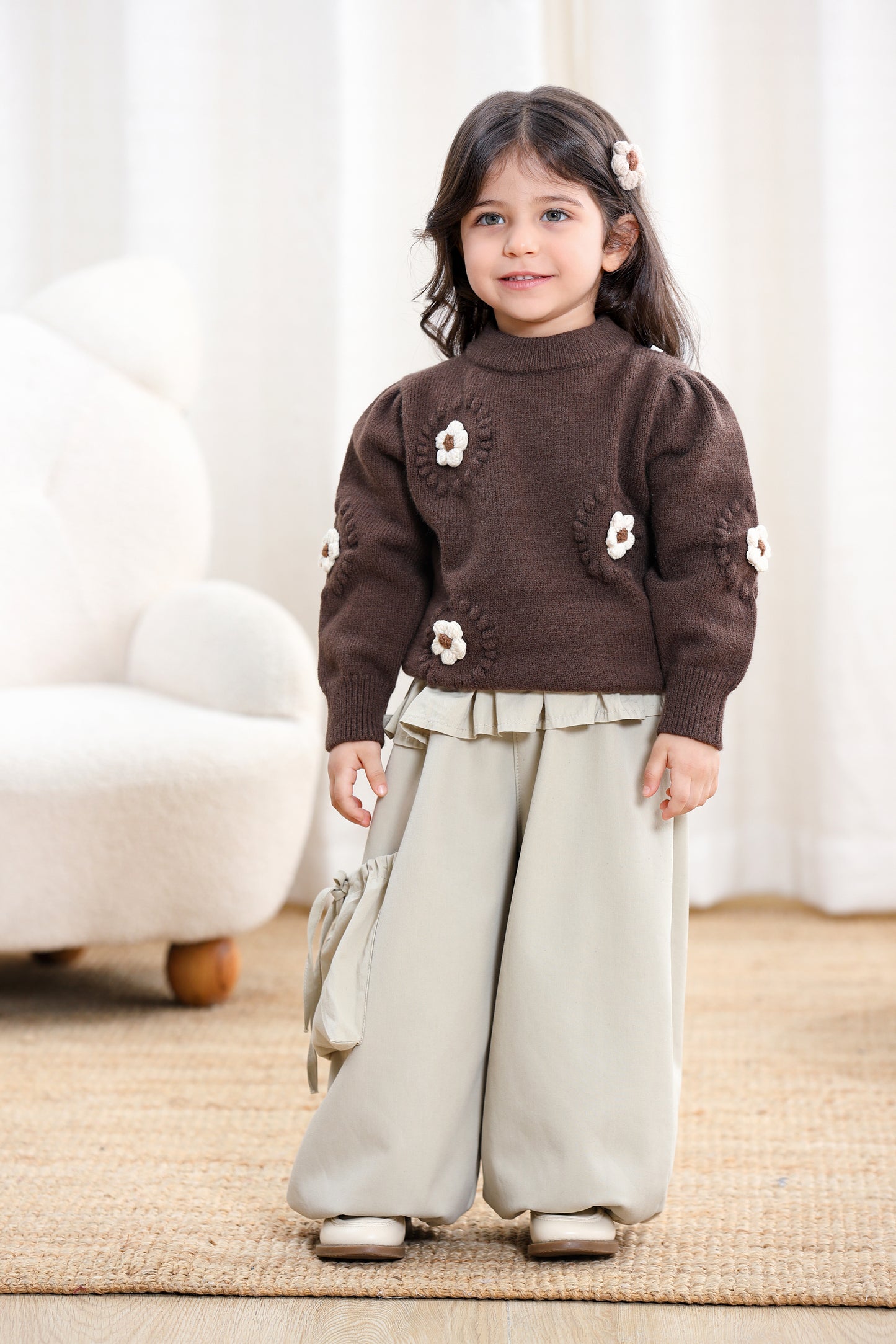 Children Girl 3D Embroidery Flower Sweater-Brown