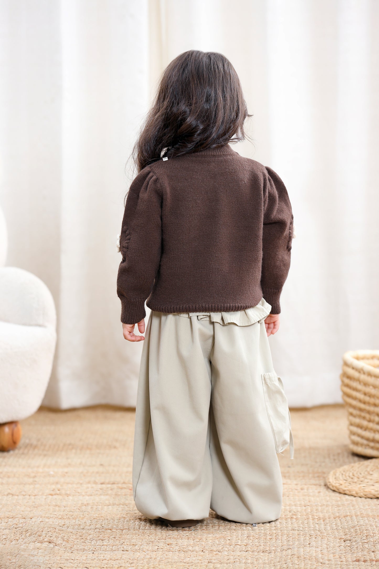 Children Girl 3D Embroidery Flower Sweater-Brown