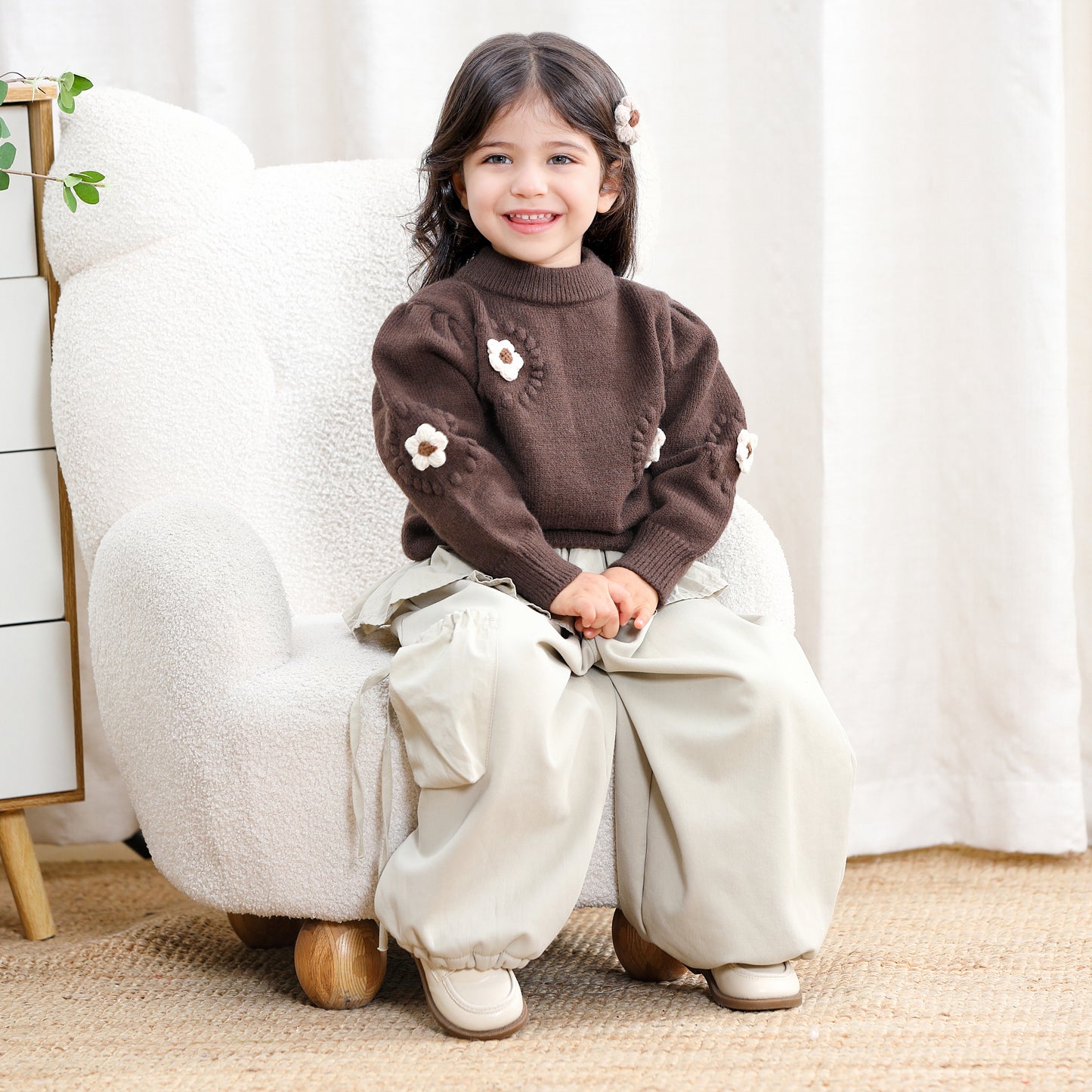 Children Girl 3D Embroidery Flower Sweater-Brown