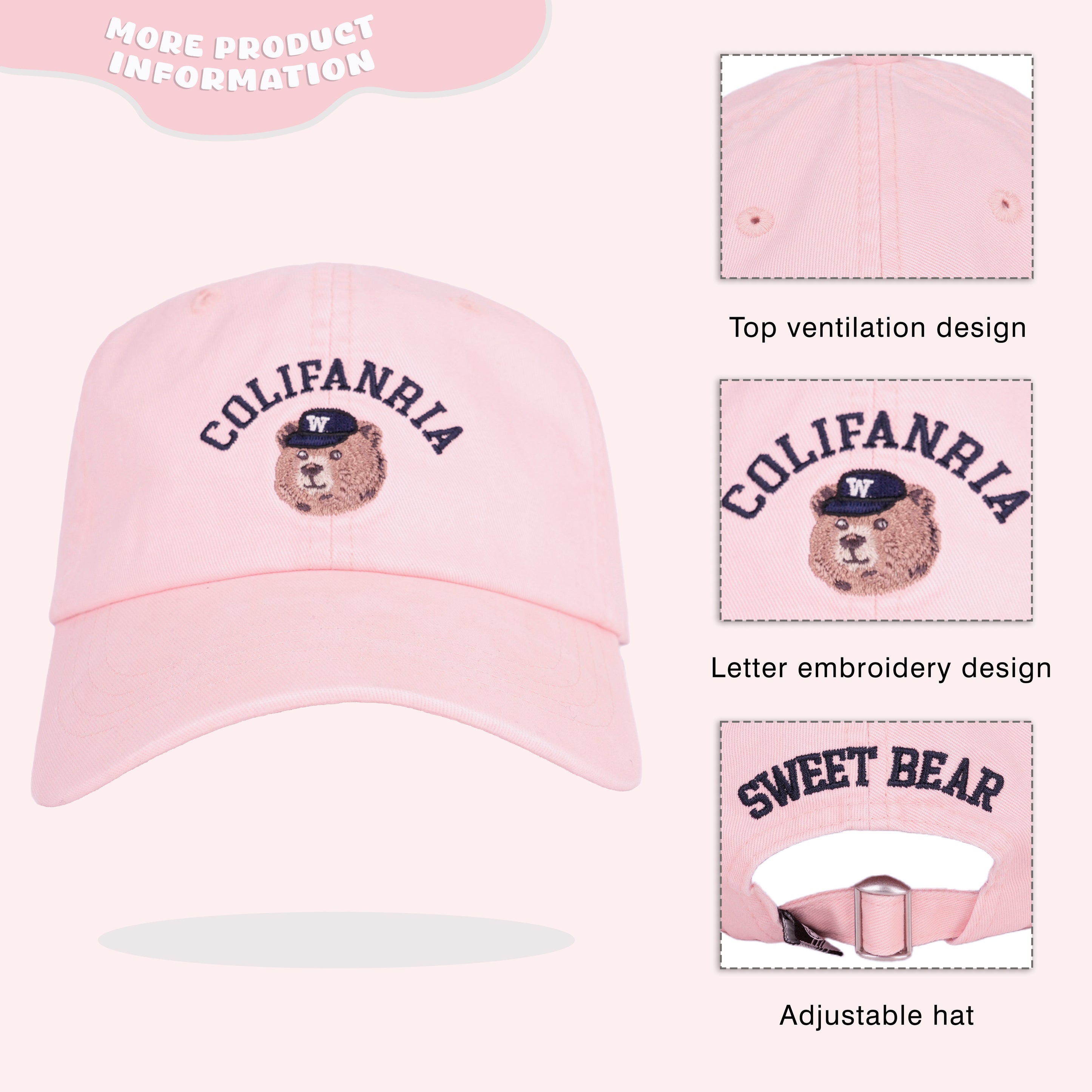 Kids Pink California Bear Embroidered Baseball Cap