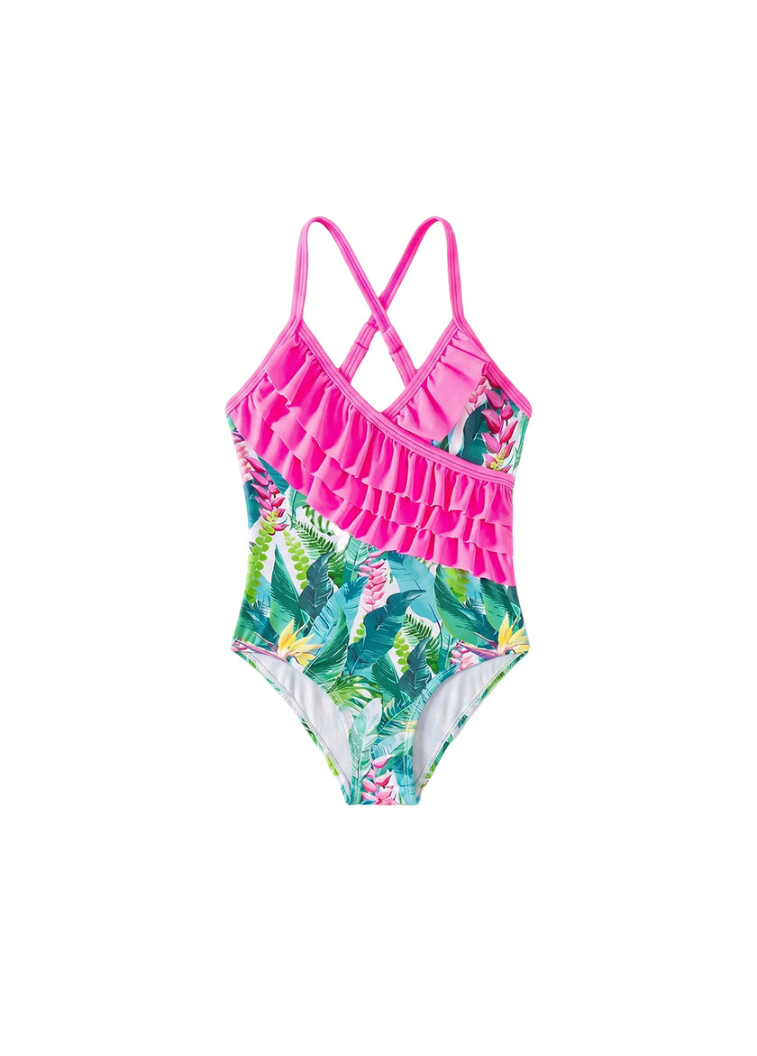 Girls' One-Piece Swimsuit: Ruffled, Leaf-Print Bathing Suit & Beachwear