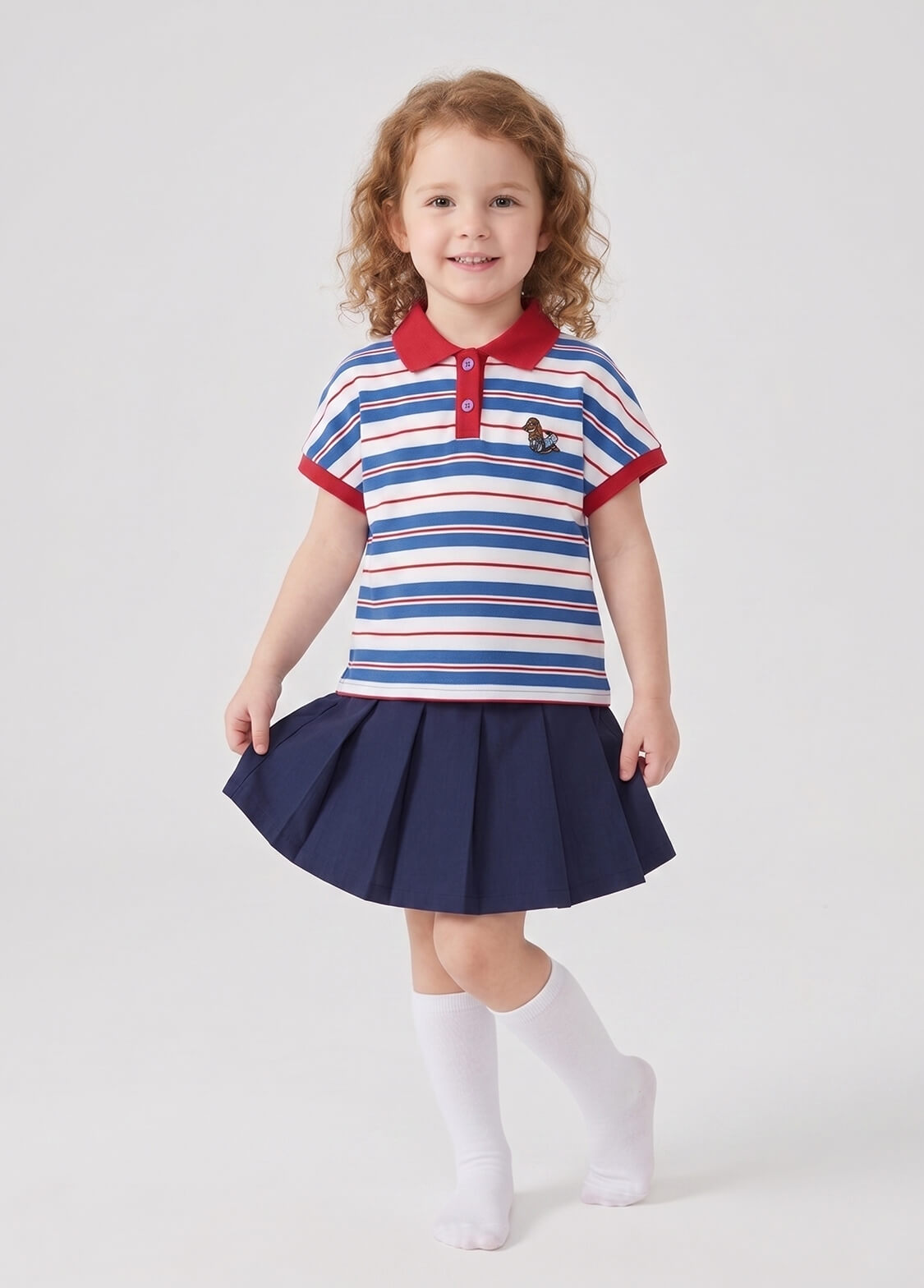 Girls Preppy Style Casual 2-Piece Set Retro Striped POLO Shirt and Pleated Skirt Outfit