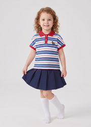 Girls Preppy Style Casual 2-Piece Set Retro Striped POLO Shirt and Pleated Skirt Outfit
