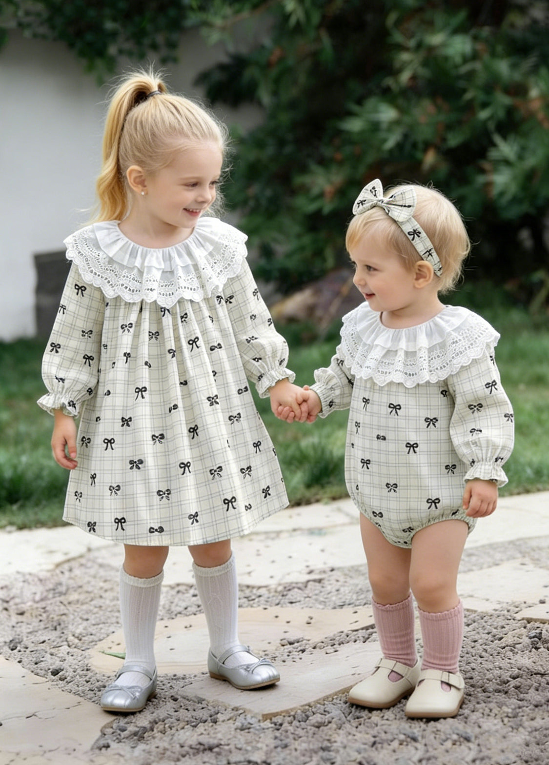 Girls Sweet Bowknot Dollar Collar Dress With Headband