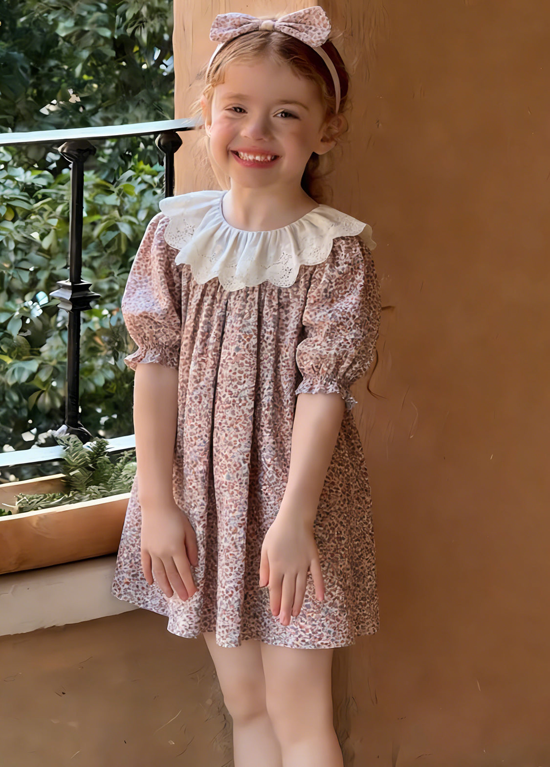 Girls Sweet Floral Dollar Collar Dress With Headband