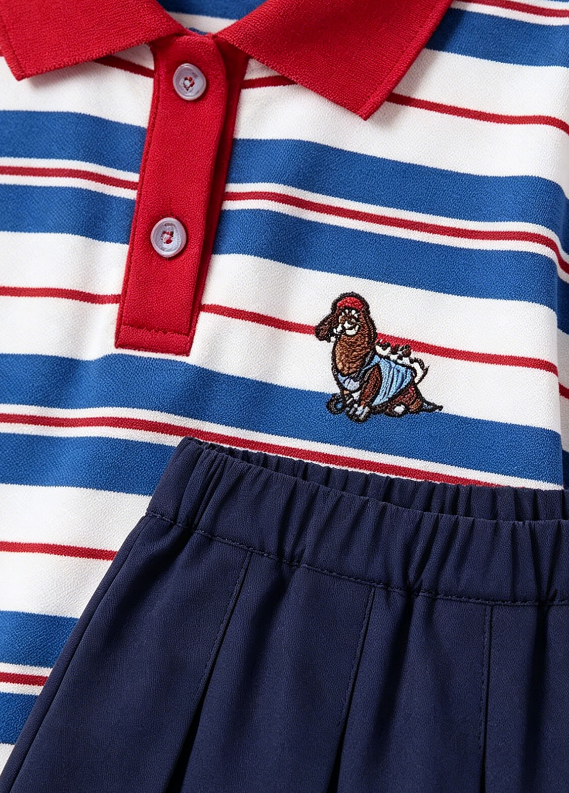 Girls Preppy Style Casual 2-Piece Set Retro Striped POLO Shirt and Pleated Skirt Outfit