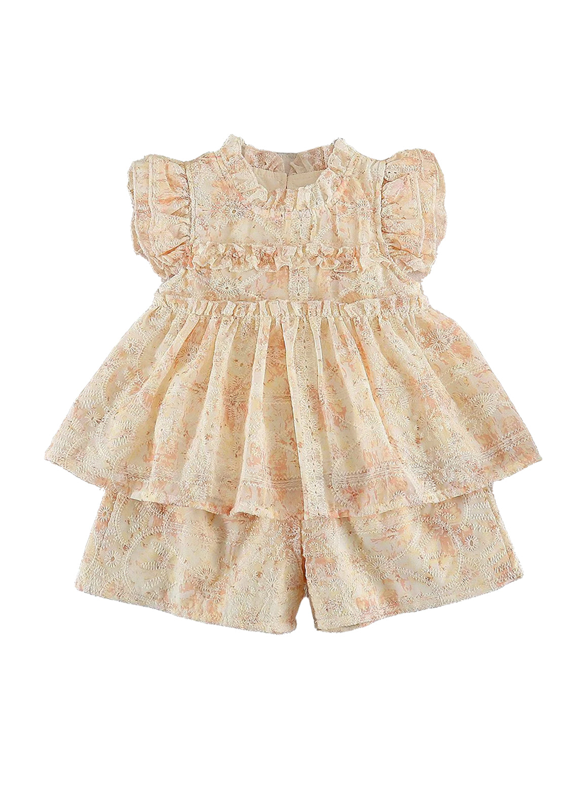 Girls Sweet Floral Embroidered Ruffled Top And Shorts Set