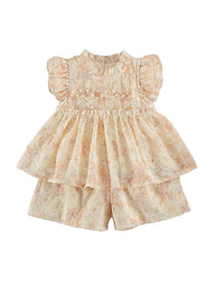 Girls Sweet Floral Embroidered Ruffled Top And Shorts Set