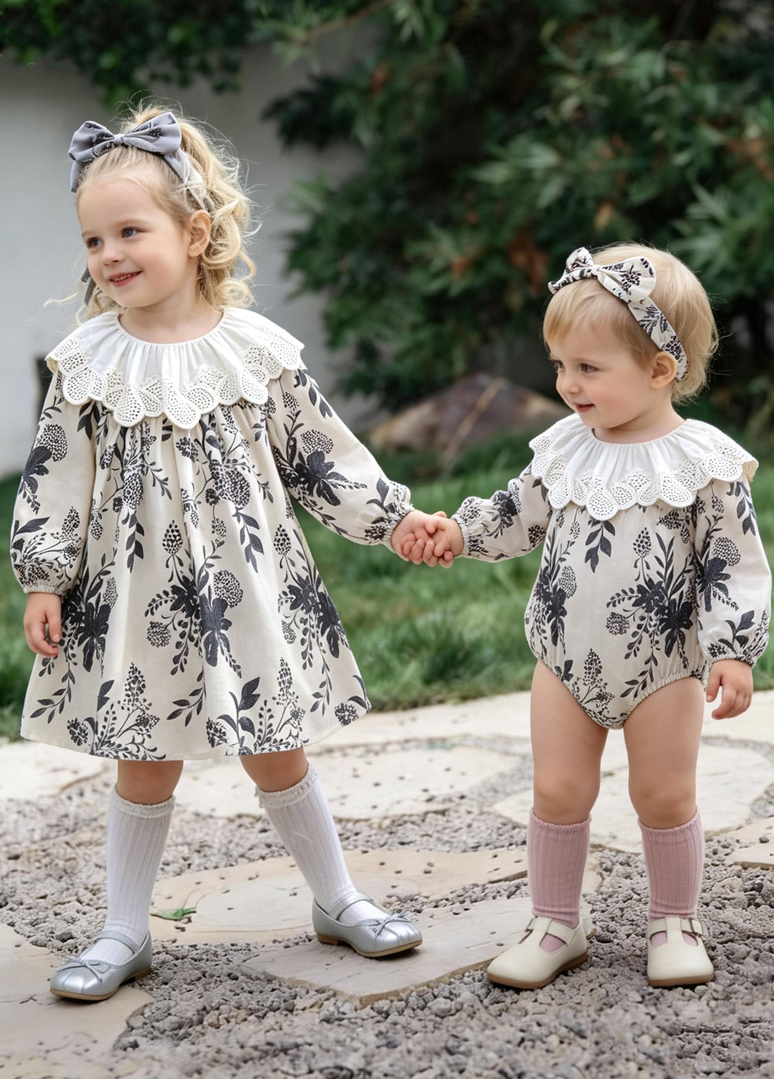 Girls Sweet Floral Dollar Collar Dress With Headband