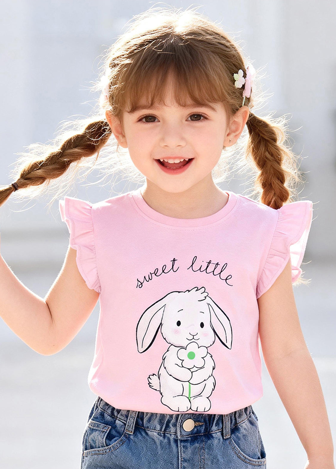 Girls Cotton Sweet Bunny Ruffle Sleeve T-Shirt