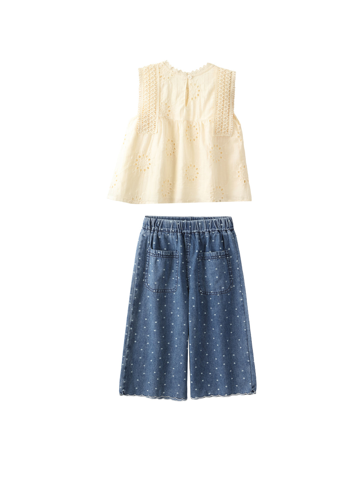 Girls Cotton Two-Piece Lace Top & Wide-Leg Pants Set