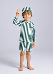 Boys' Two-Piece Swimsuit — Summer Long-Sleeve, Sun-Protective, Green-Striped Swimwear