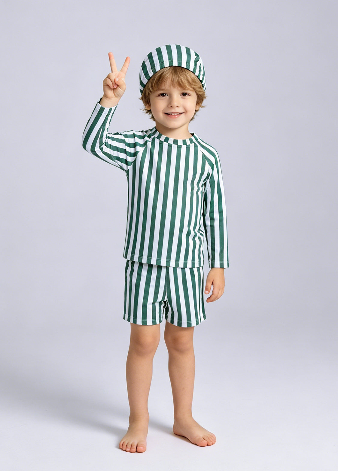 Boys' Two-Piece Swimsuit — Summer Long-Sleeve, Sun-Protective, Green-Striped Swimwear