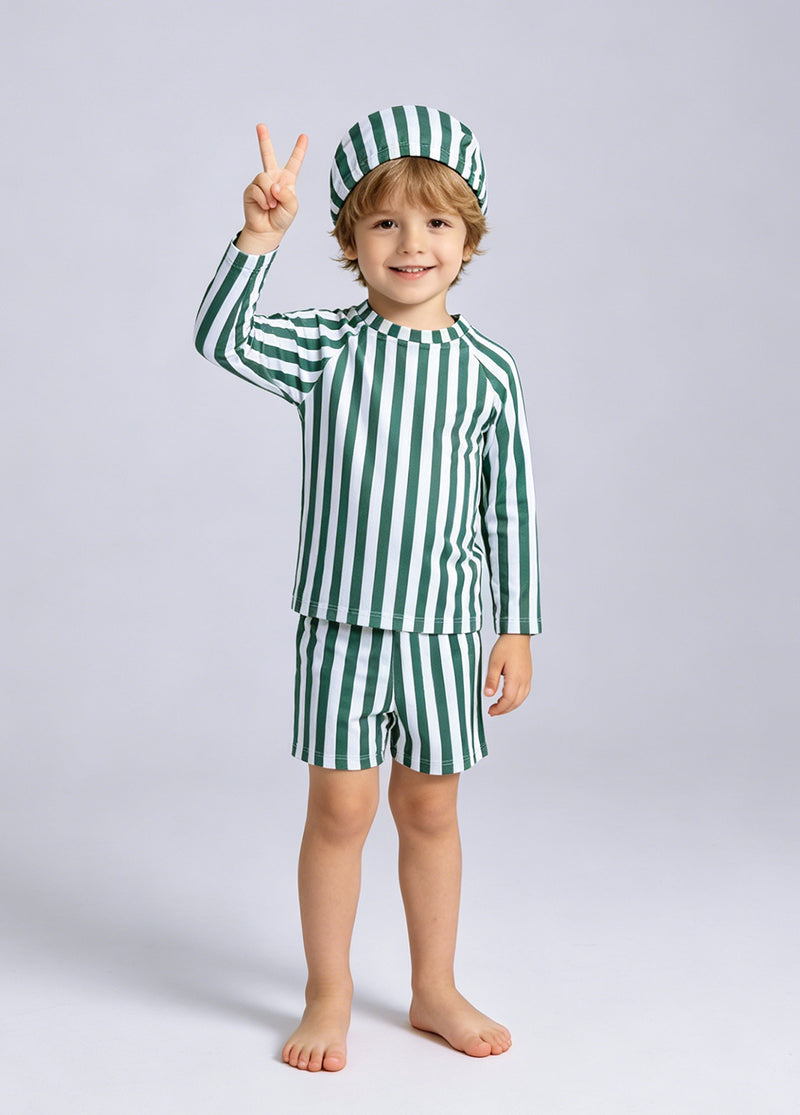 Boys' Two-Piece Swimsuit — Summer Long-Sleeve, Sun-Protective, Green-Striped Swimwear