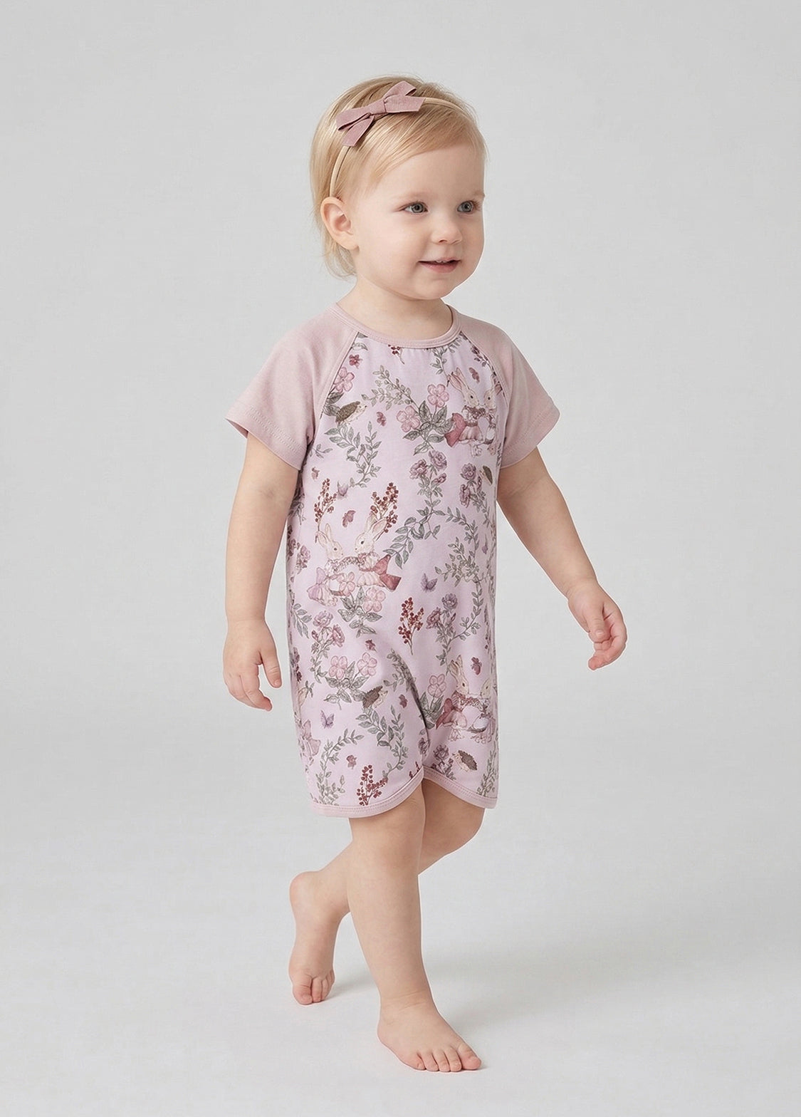 Baby Girl's Bamboo Fiber Summer Short-Sleeve Romper — "Rose Party" Print