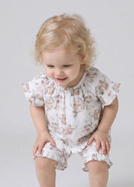 Baby Girl's Summer Two-Piece Set: Short-Sleeve Bamboo-Cotton Gauze Top with Deer Print