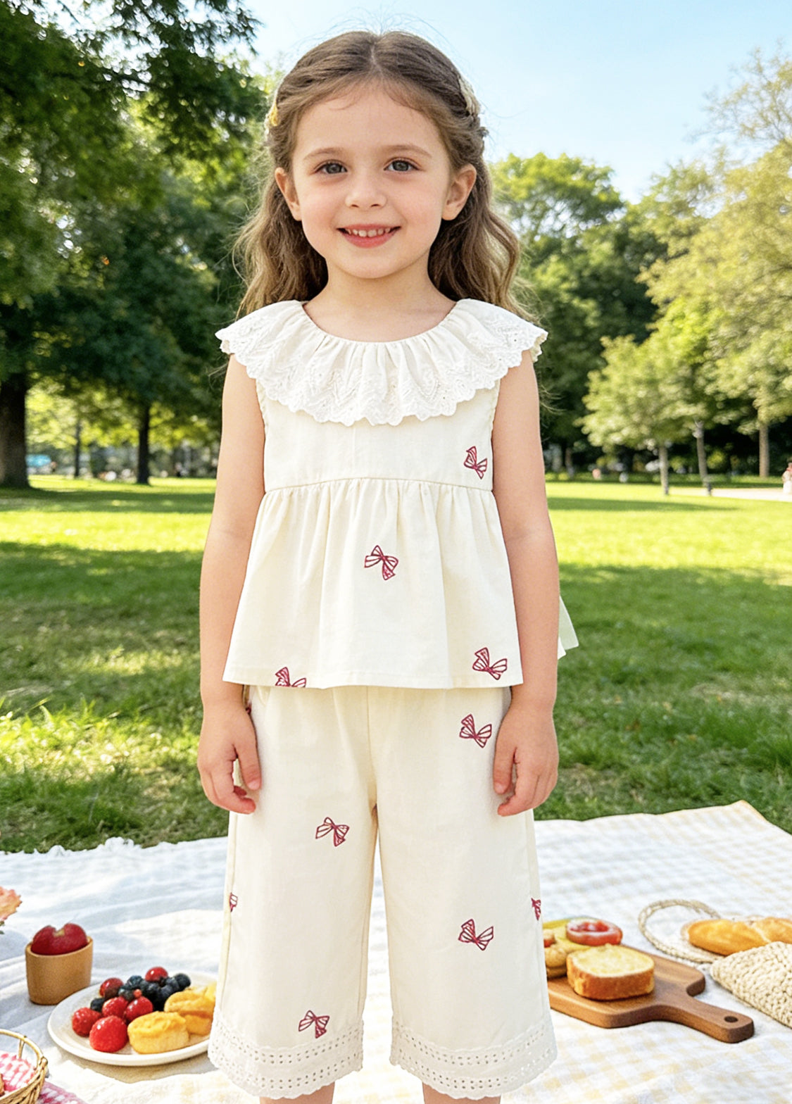 Girls Cute Bow-print Lace Dollar Collar Sleeveless Top And Pants Set