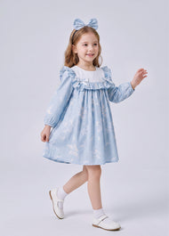 Girls Sweet Floral Ruffle Bowknot Dress With Headband