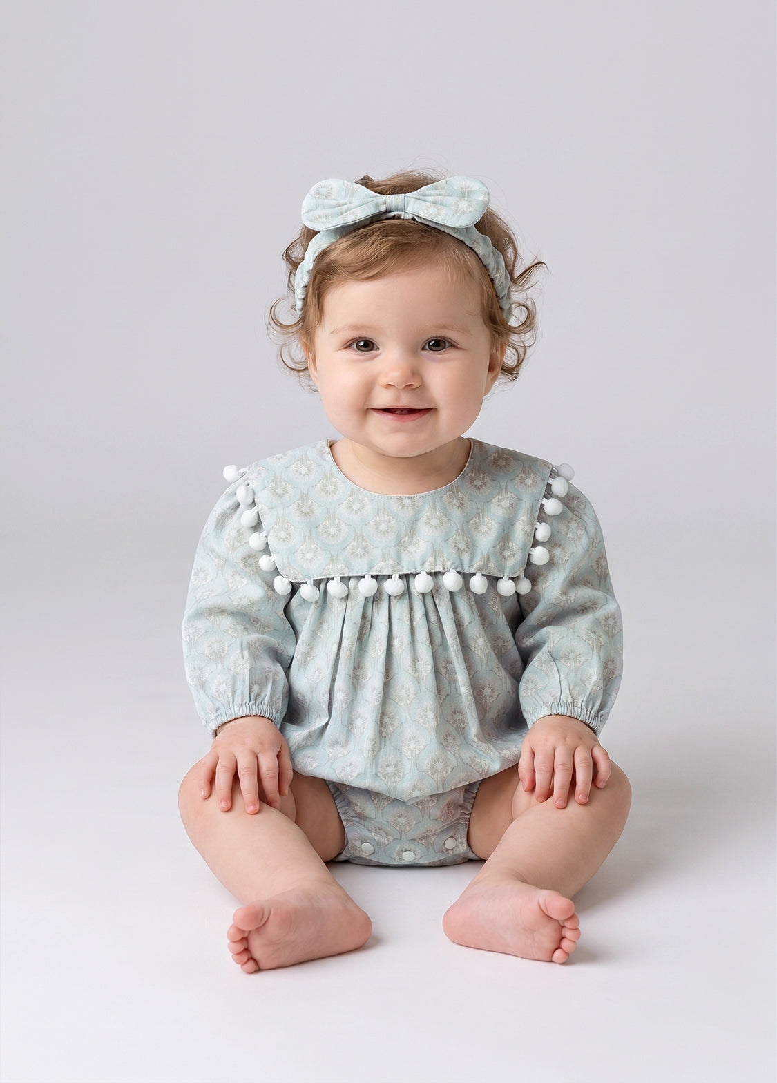Baby Girls Sweet Floral Pom Poms Romper With Hairband