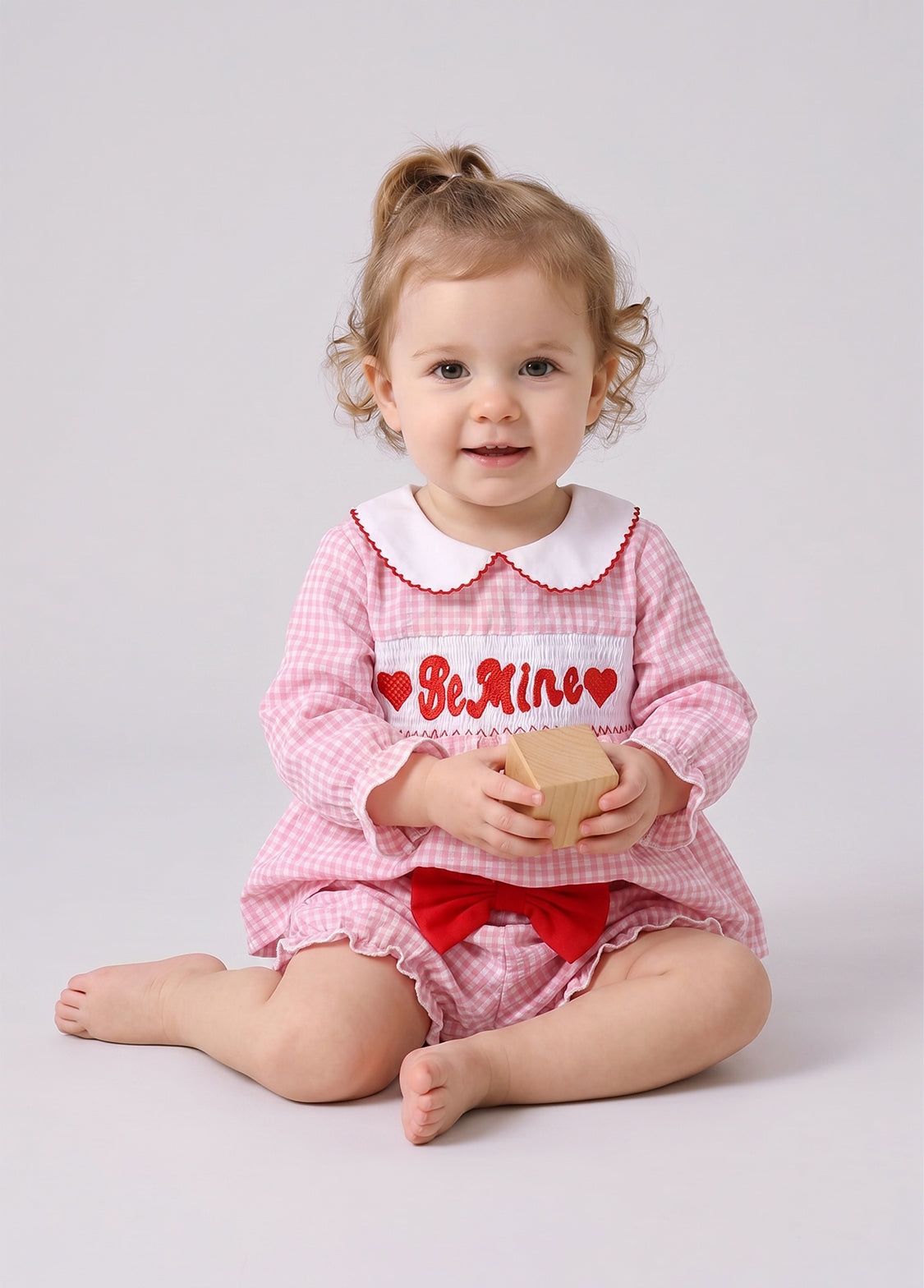 Baby Girl Pink Plaid Embroidered Long-sleeved Top And Lantern Pants Set