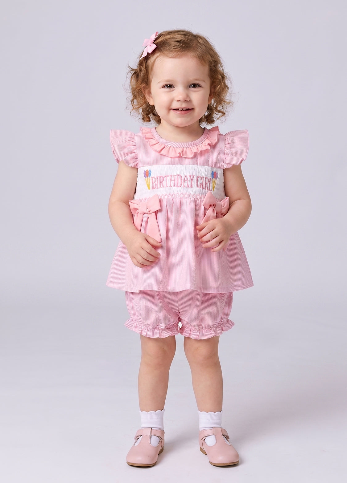 Baby Girls Pink Striped Ruffled Bow Top And Lantern Pants Set