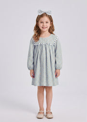 Girls Sweet Floral Pom Poms Dress With Headband