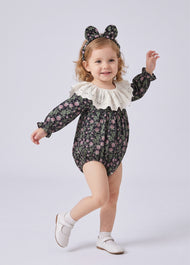 Baby Girls Retro Floral Dollar Collar Romper With Hairband