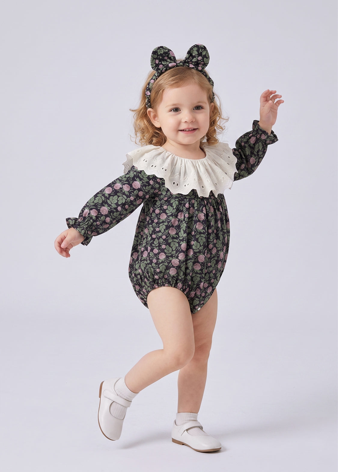 Baby Girls Retro Floral Dollar Collar Romper With Hairband